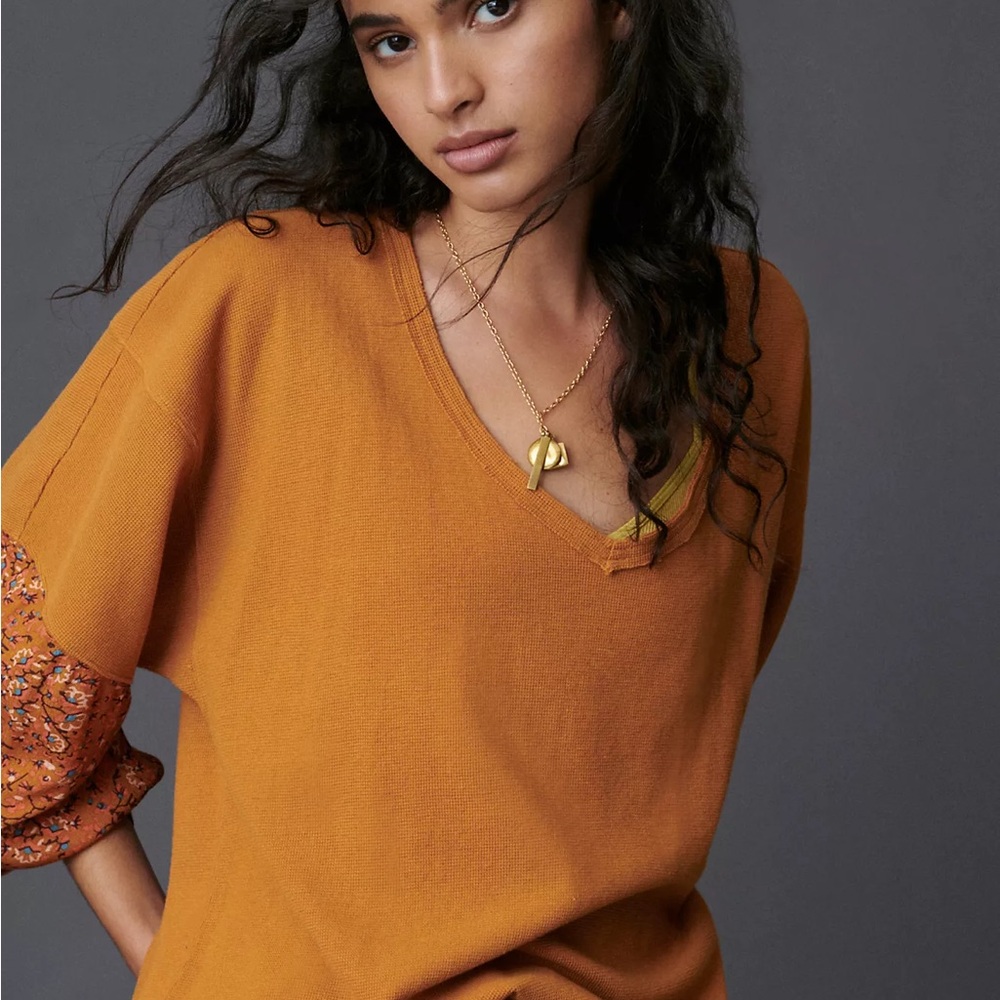 Anthropologie Waffle Knit Floral Printed Sleeve Annette Top Women’s Size Small - Picture 12 of 13